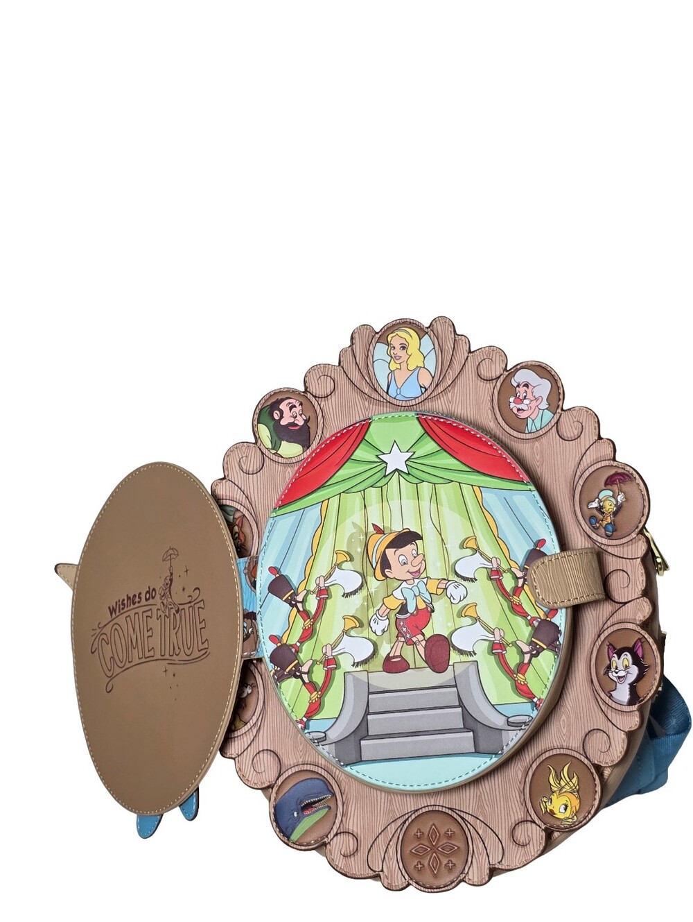 Loungefly Disney Pinocchio Cameo Mini Backpack Faux Woodgrain NWT - Picture 2 of 7